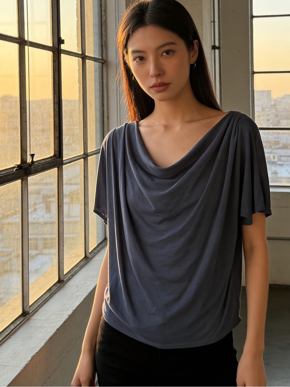 Green Envelopes Slate Navy Blue Draped Cowl Neck Women’s Top - EUC